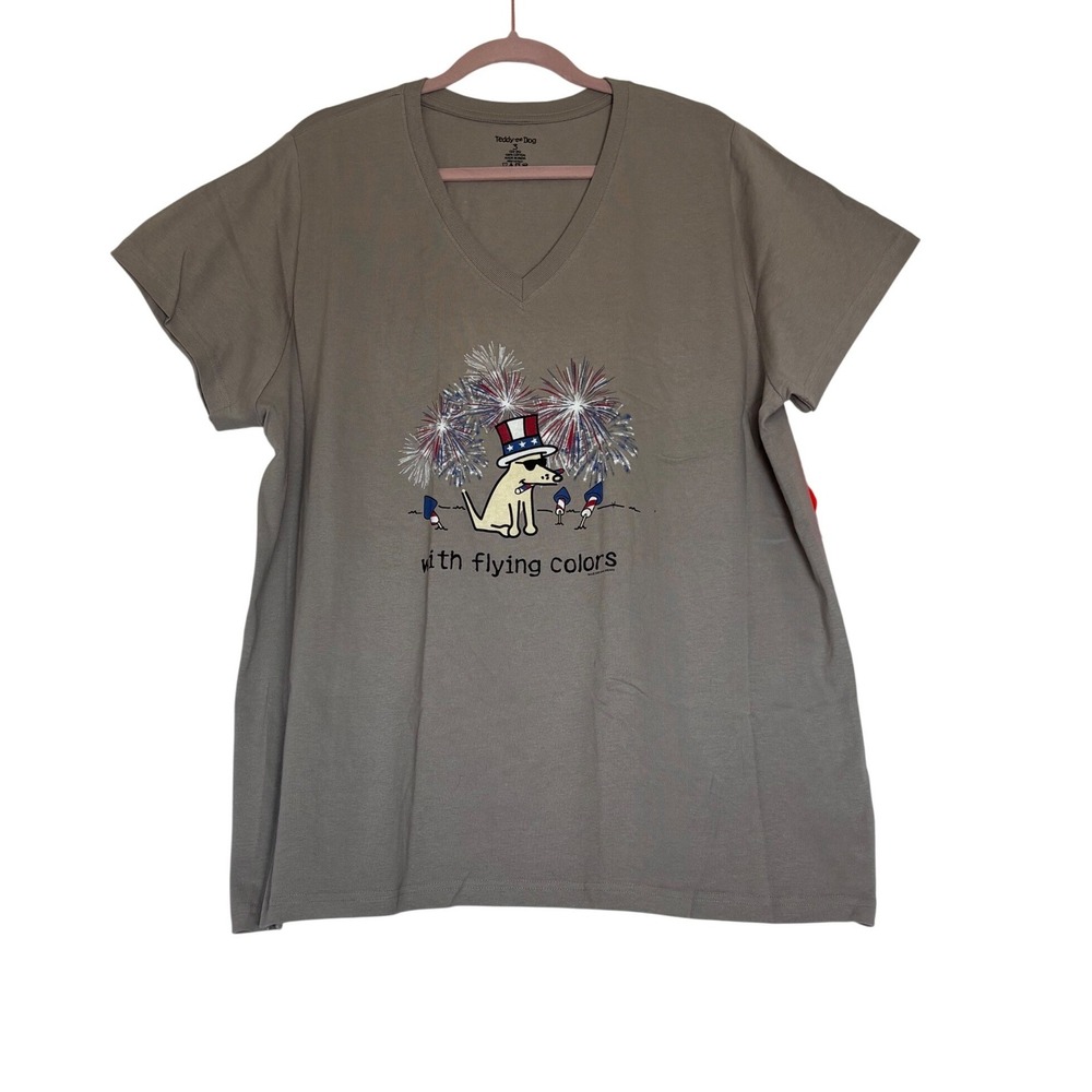 NWT Teddy the Dog Womens Sz 3 22-24 V-Neck Graphic T-Shirt Gray Cotton Patriotic